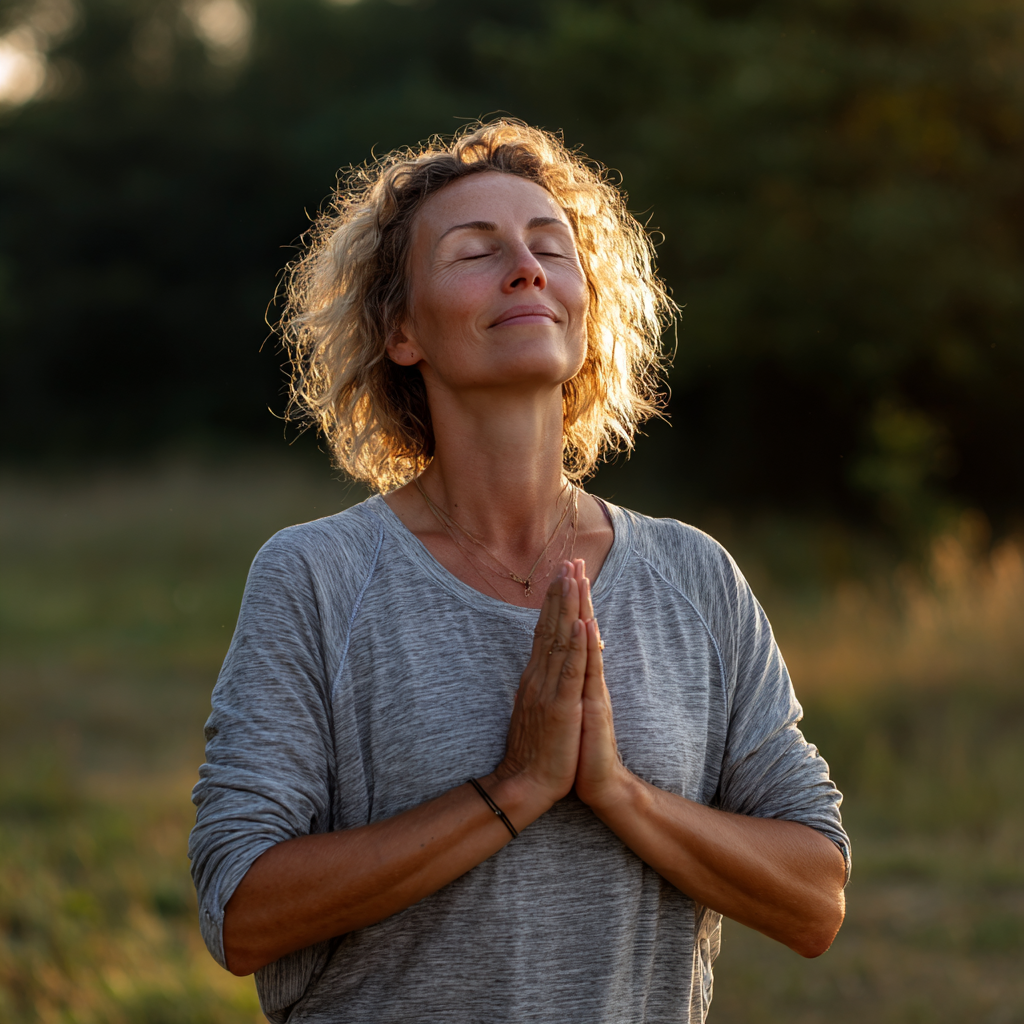 Smiling middle-aged Ukrainian woman in comfortable yoga attire sitting peacefully in lotus position outdoors among green plants