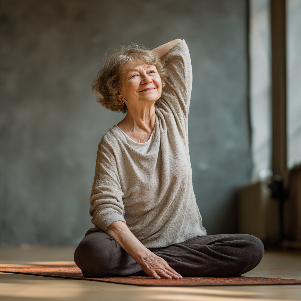 Cheerful elderly Ukrainian woman preparing healthy colorful meal with fresh vegetables and grains in a bright kitchen setting